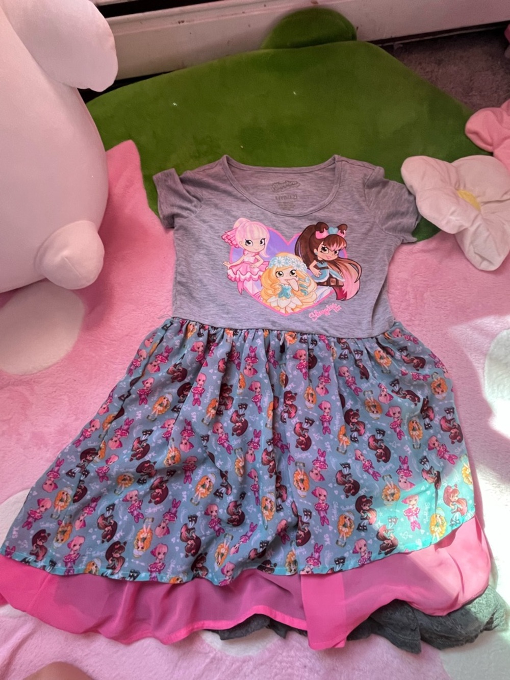 Shopkins Gray Top Blue Character Print Dress with Pink Trim